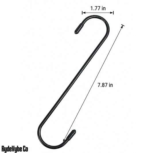 Black metal hook with measurements on a white background, featuring the RydeVybe Co logo.