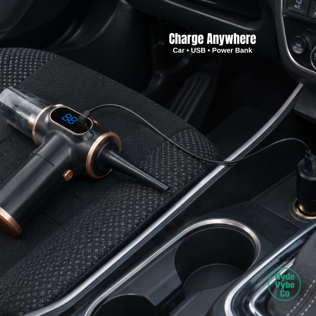 Car charger with digital display on a car's cup holder tray, branded 'RydeVybe Co'.