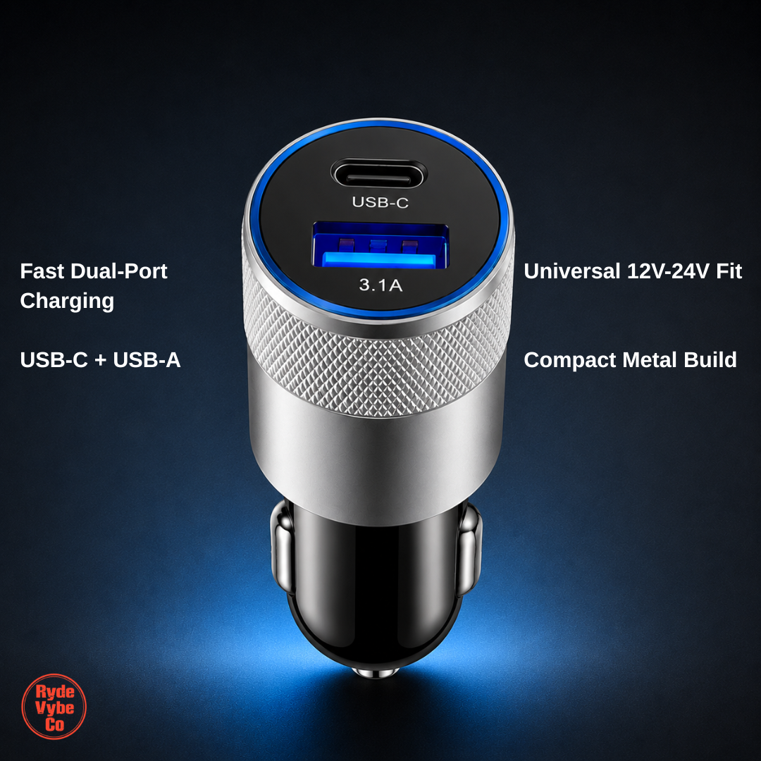 Car charger with USB-C and USB-A ports on a dark background