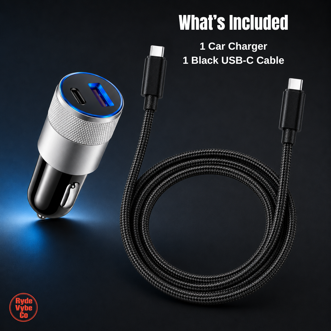 Car charger with USB-C cable on a dark background, featuring the RydeVybe Co logo.
