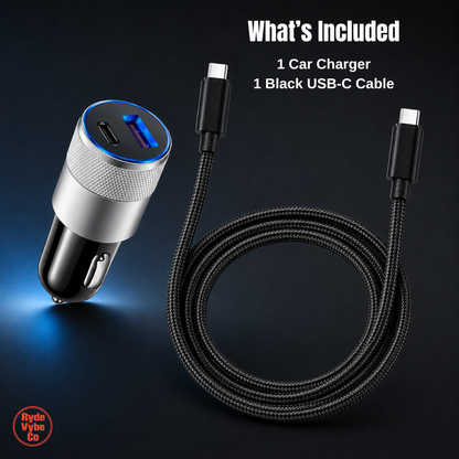 Car charger with USB-C cable on a dark background, featuring the RydeVybe Co logo.