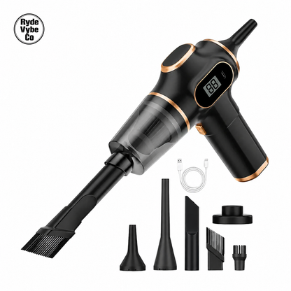 Black handheld vacuum cleaner with attachments on a white background, featuring the RydeVybe Co logo.