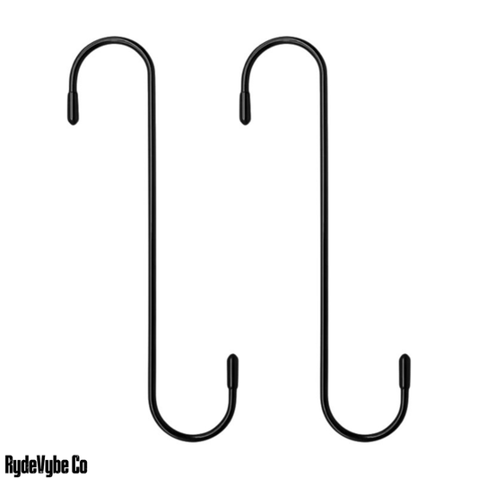 Two black metal S-shaped hooks on a white background with 'RydeVybe Co' branding.