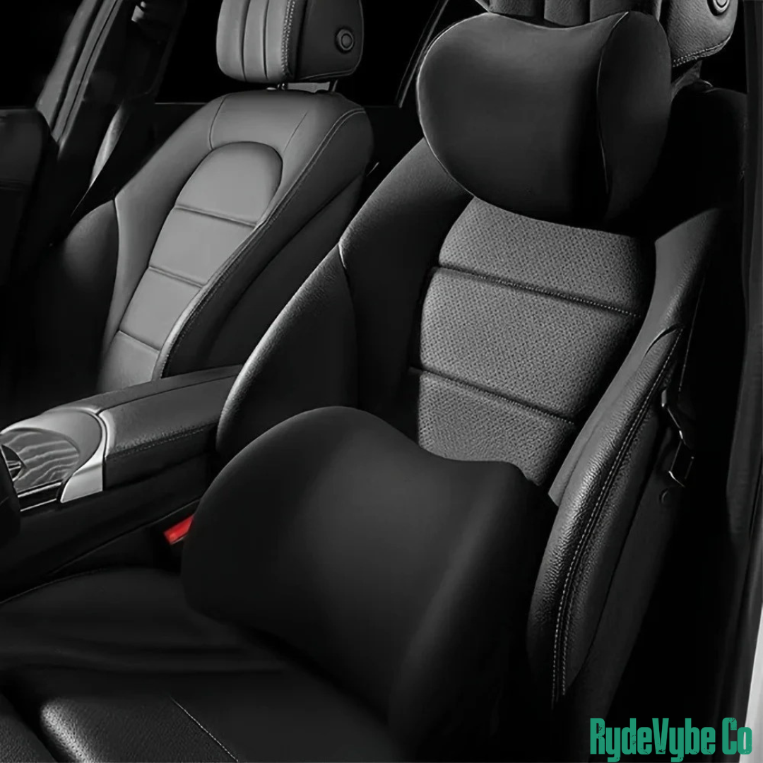 Gray car interior with headrests and seat covers, featuring the RydeVybe Co brand.