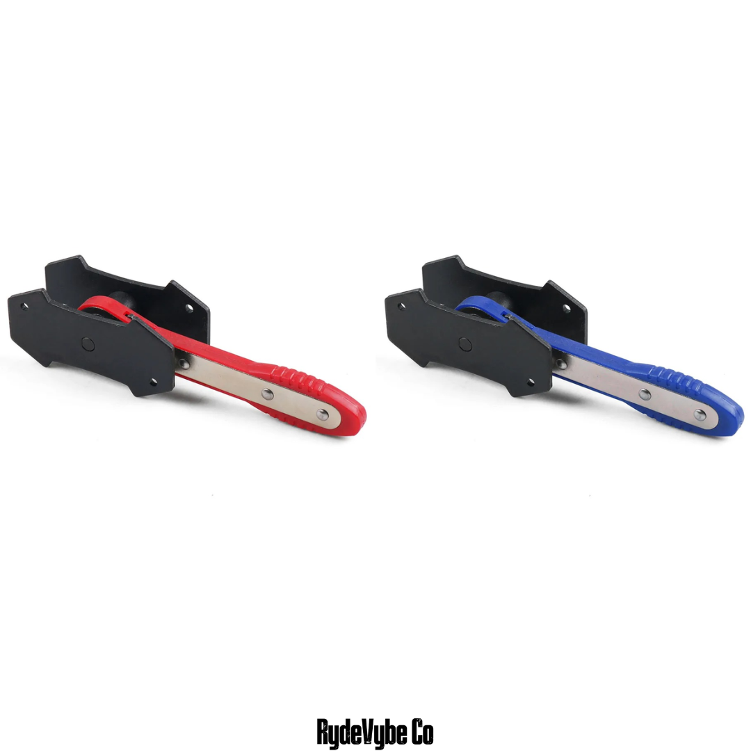 Two clamps with red and blue handles on a white background, branded 'RydeVybe Co'.