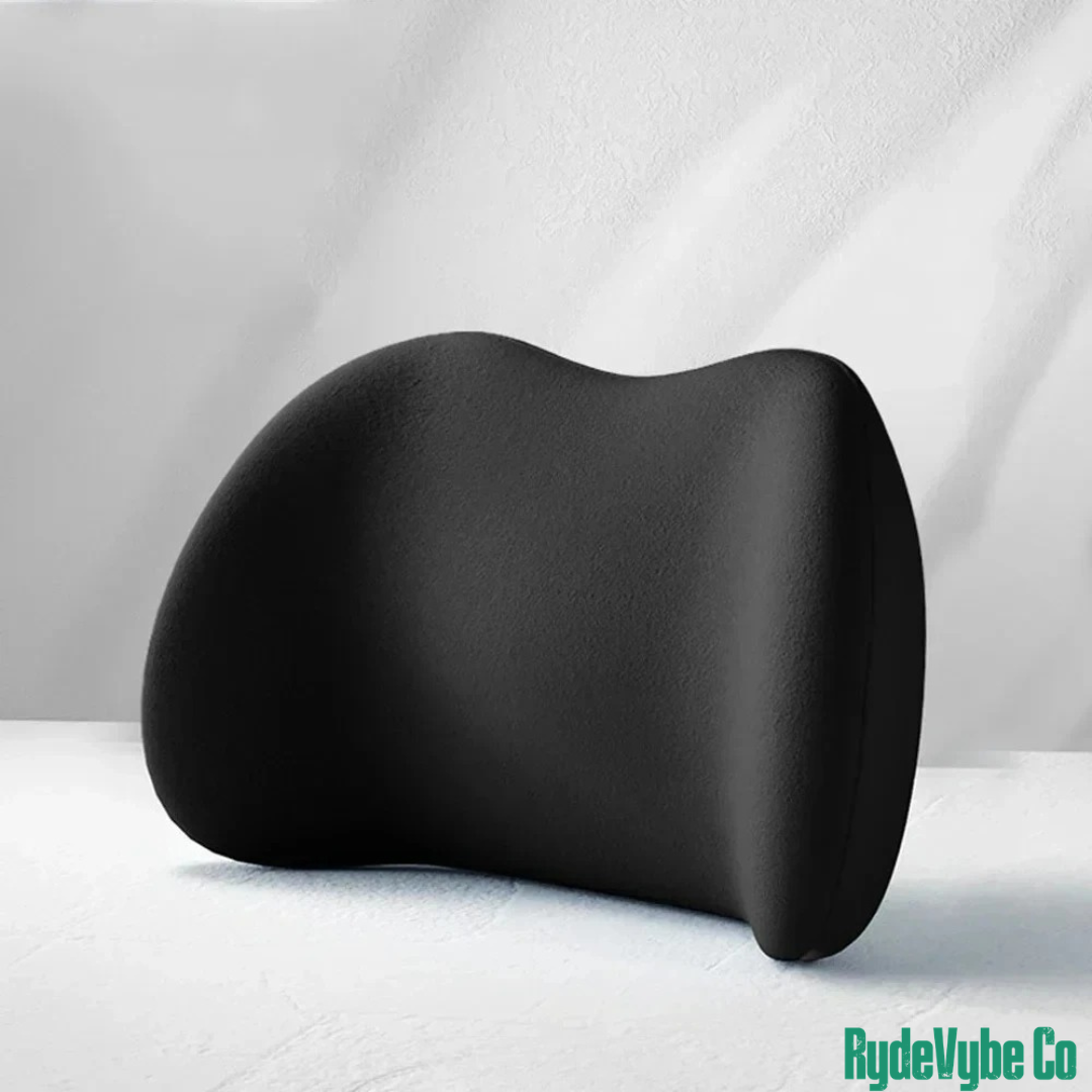 Black ergonomic pillow on a white background with 'RydeVybe Co' branding.