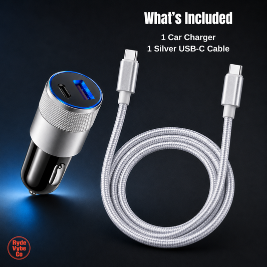 Car charger and silver USB-C cable on a dark background with RydeVybe Co logo.