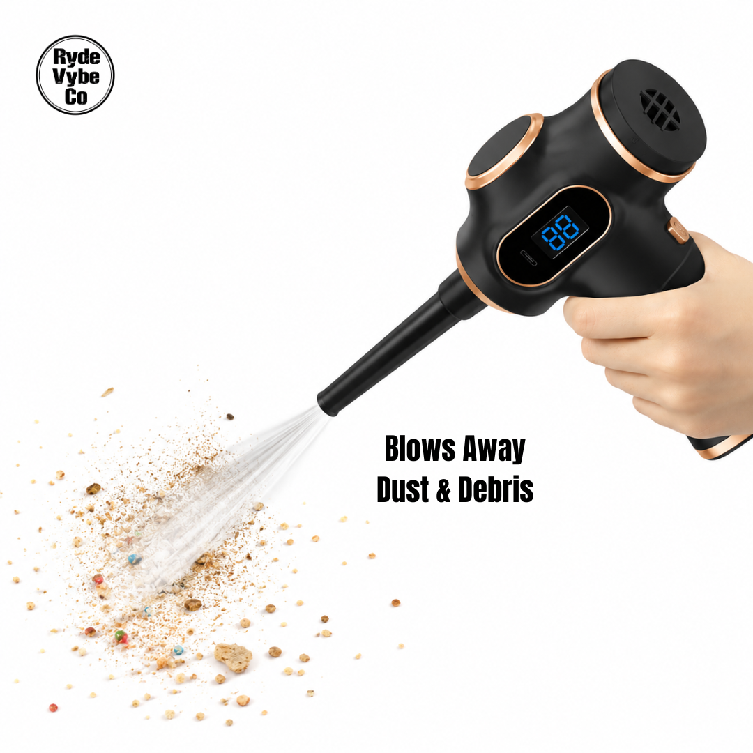 Handheld vacuum cleaner blowing away dust and debris with 'RydeVybe Co' branding.
