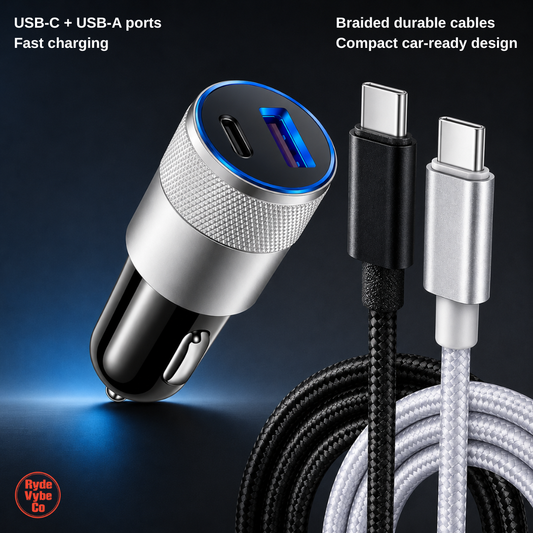 Car charger with USB-C and USB-A ports and braided cables on a dark background