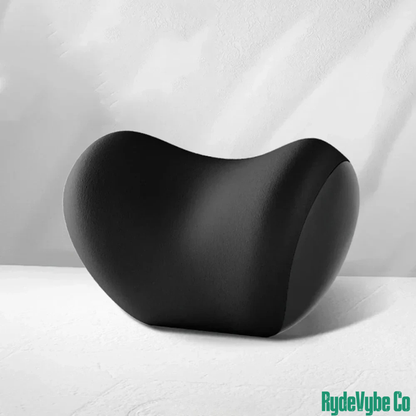 Black ergonomic pillow on a white background with 'RydeVybe Co' branding.