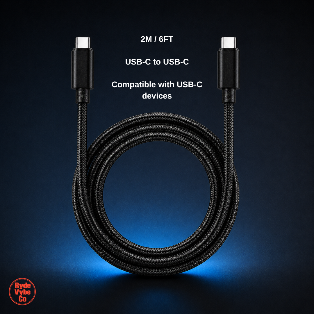 Black USB-C to USB-C cable on a dark background with text indicating length and compatibility.
