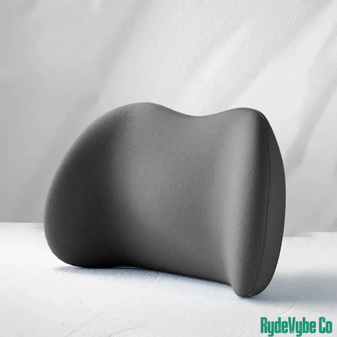 Gray ergonomic pillow on a white background with 'RydeVybe Co' branding.