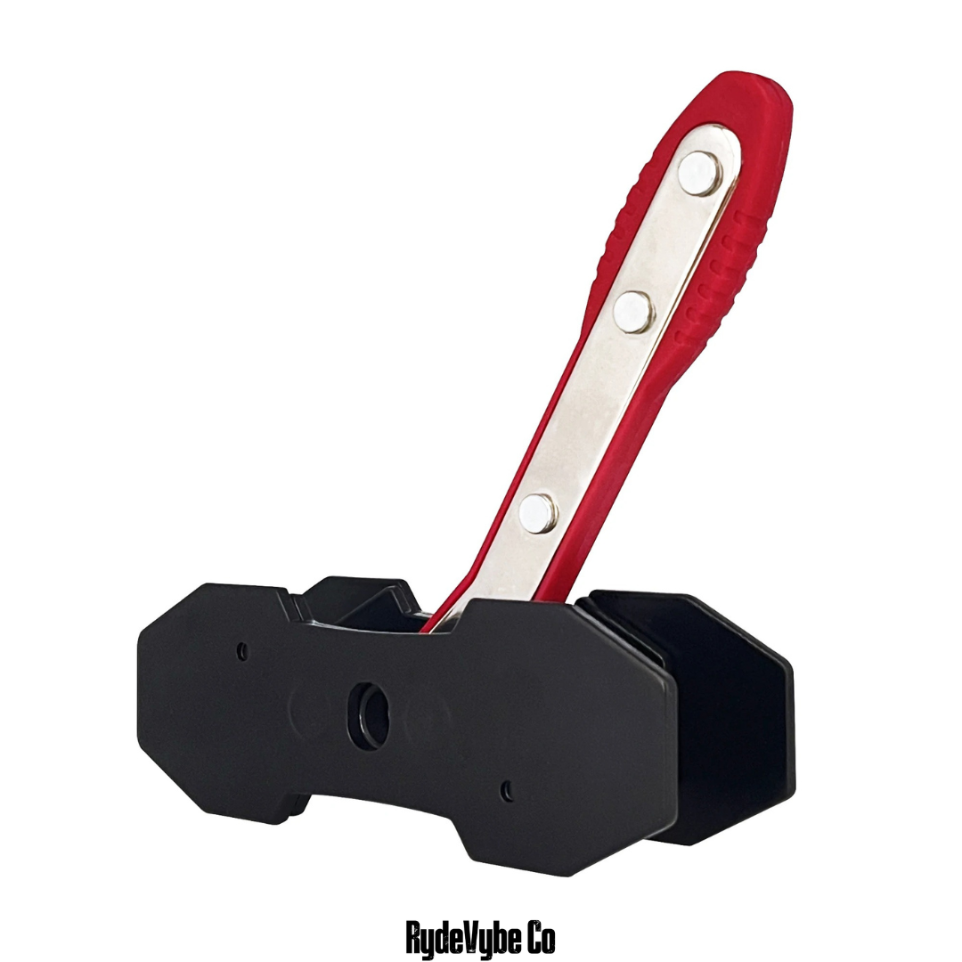 Black holder with red handle on a white background, featuring the RydeVybe Co brand.