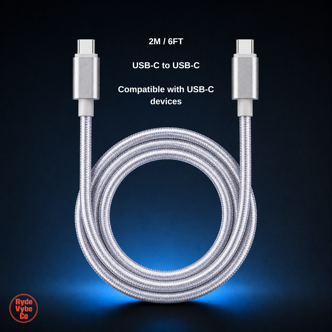 USB-C to USB-C cable with specifications on a dark background