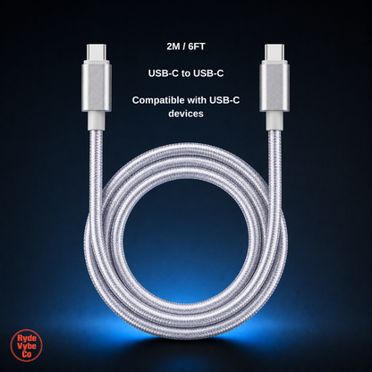 USB-C to USB-C cable with specifications on a dark background