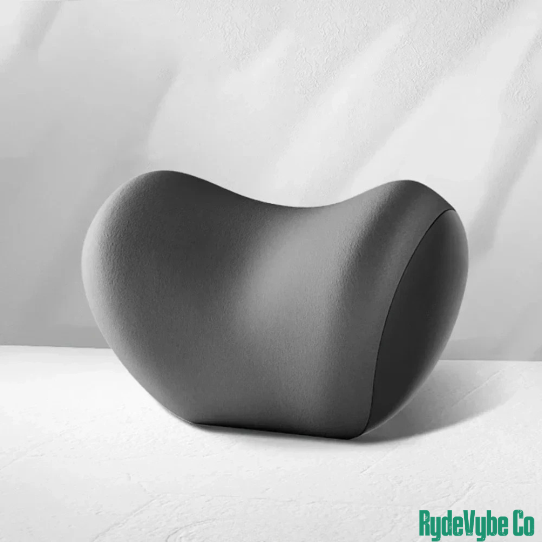 Gray neck pillow on a white background with 'RydeVybe Co' branding.