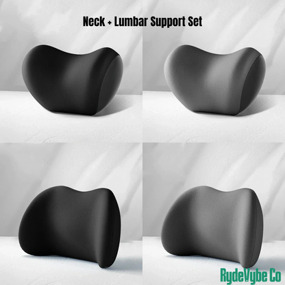 Set of neck and lumbar support pillows on a white background with 'RydeVybe Co' branding.