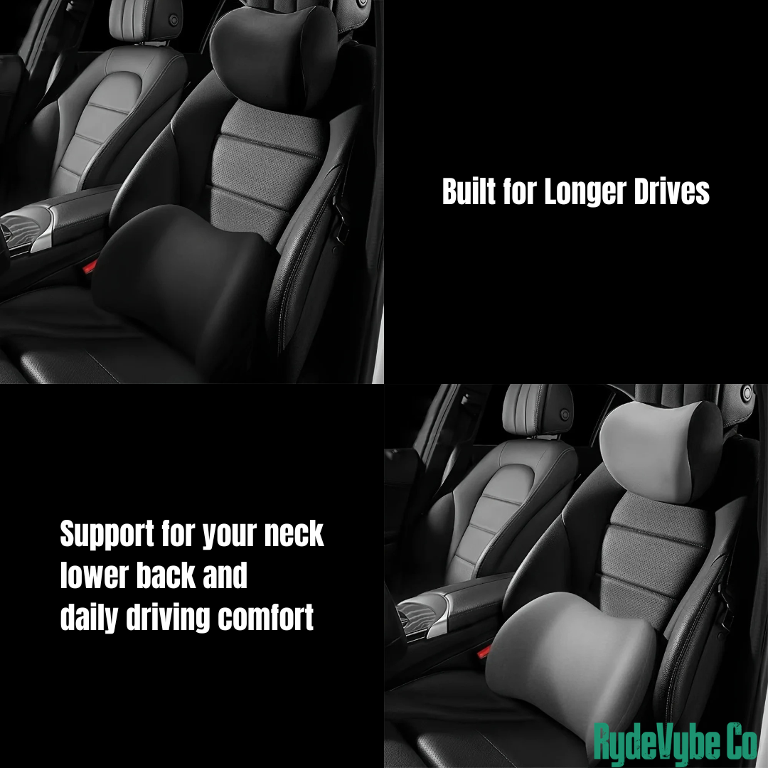Car seat with text highlighting support for neck, lower back, and driving comfort, featuring the RydeVybe Co brand.