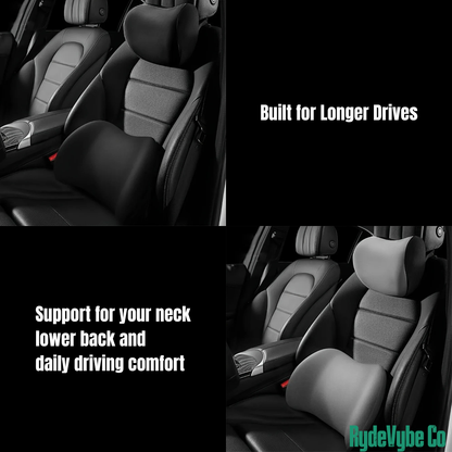 Car seat with text highlighting support for neck, lower back, and driving comfort, featuring the RydeVybe Co brand.